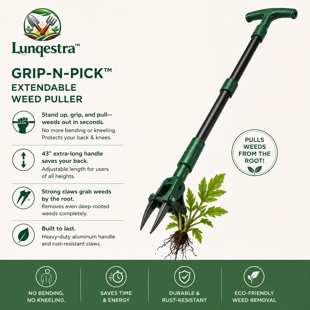🌿 Lungestra™ Grip-N-Pick Extendable Weed Puller – Stand-Up Root Removal Tool