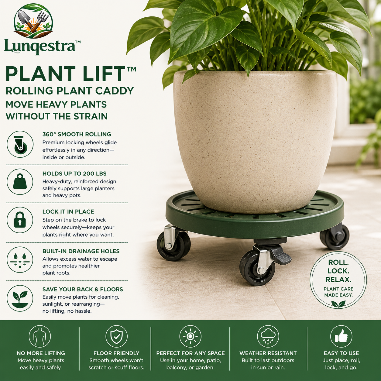 🌿 Lungestra™ Plant Lift Rolling Plant Caddy – Heavy-Duty Plant Mover