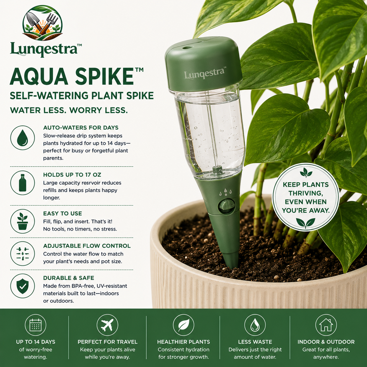 💧 **Lungestra™ AquaFlow Spike – Adjustable Self-Watering Plant System**