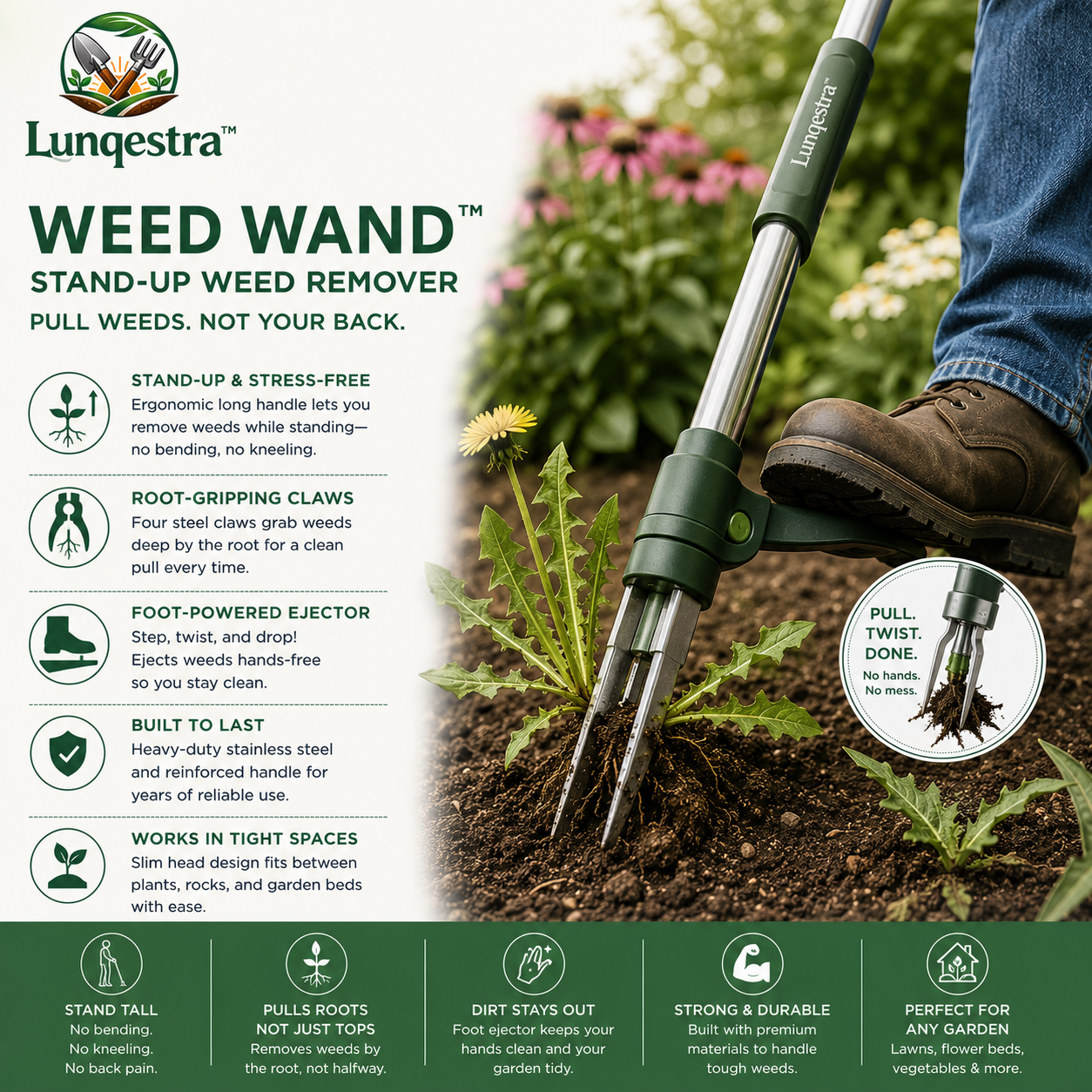 🌿 Lungestra™ Weed Wand – Stand-Up Root Weed Remover Tool
