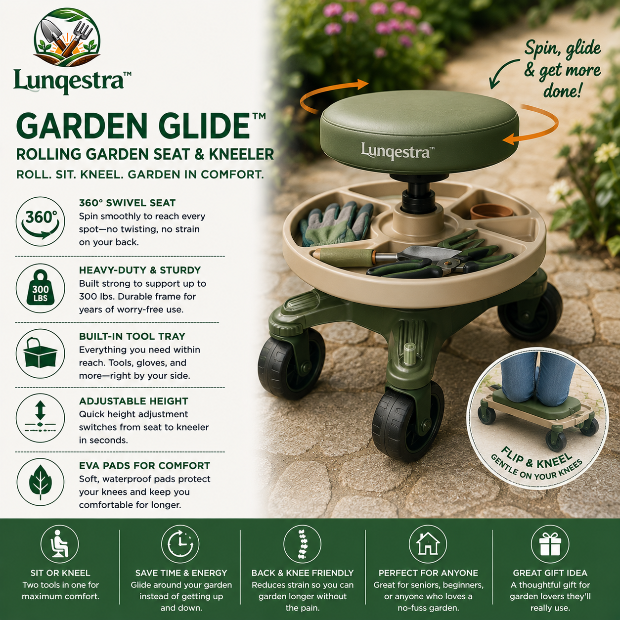 🪴 **Lungestra™ GardenGlide Pro – Rolling Garden Seat & Kneeling Cart**